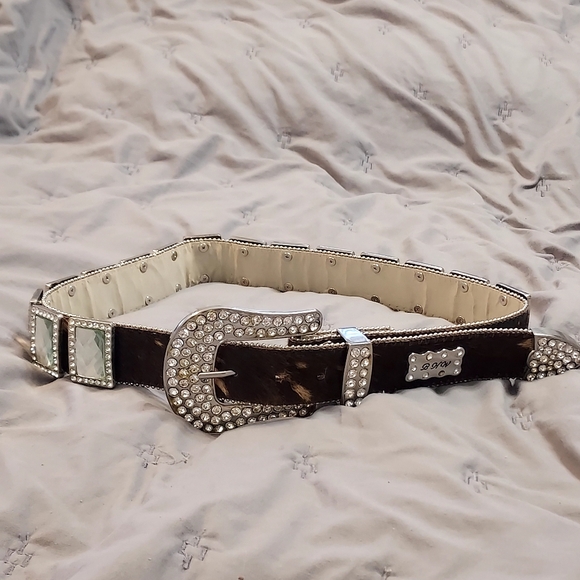 BHW Brown Leather Western Belt with Studded Rhinestones Size Small Calf Hair - Picture 1 of 9